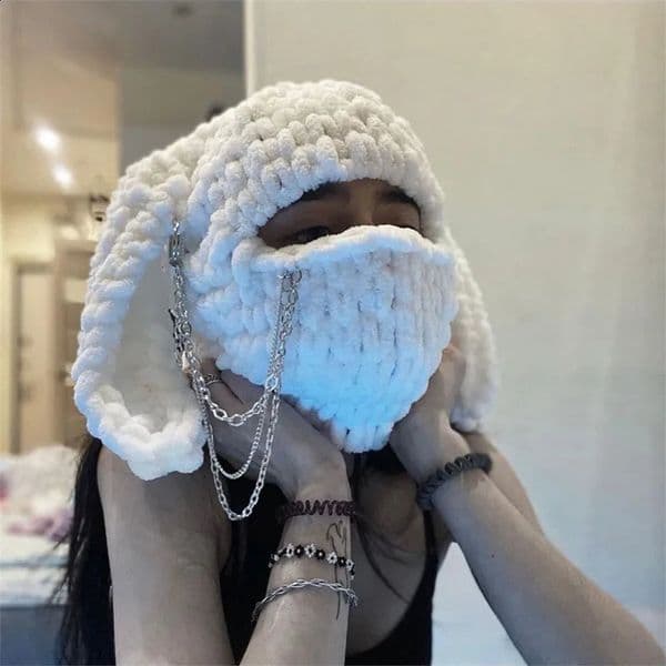Womens Bomber Hats Winter Plush Hat Cute Balaclava with Bunny Ears Funny Hat for Skiing Hiking Autumn Creative Warm Beanies 241009