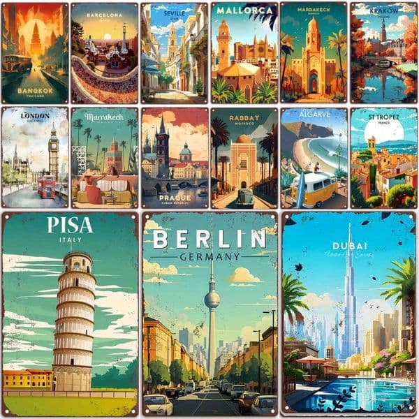 Vintage Travel Round The World PosterITALYBERLINDUBAI Retro Metal Sign.HomeBarRoomHotelCafeOfficeClub Wall Decor GiftXJ241010