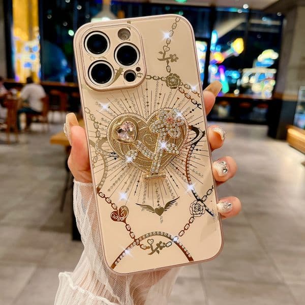 Luxury Diamond Heart Love Cases With Stand Holder Shockproof Back Cover For iPhone 16 15 14 13 Pro Max Samsung S21 S22 S23 S24 S25 Ultra Plus A16 A15 A14