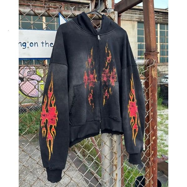 High street hiphop geometric print zipper cardigan oversized hoodies mens y2k clothing 2000s trendy versatile rock sweatshirts 241016