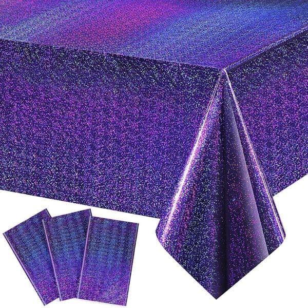 Iridescence Plastic Tablecloths Laser Table Covers Holographic Foil for Girl Party Wedding Birthday Holiday Mermaid Party Decorations 54 x 108 Inch (Purple, 3 Pack)