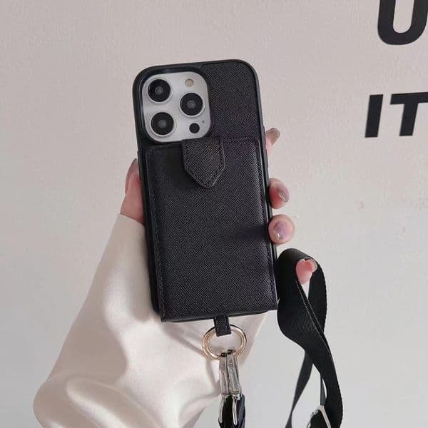 Crossbody Designer Phone Case for Apple iPhone 17 16 Pro Max 15 14 Plus 13 12 11 XS XR 8 7 SE Luxury PU Leather Wallet Card Holder Pocket Strap Back Cover Funda Coque Black