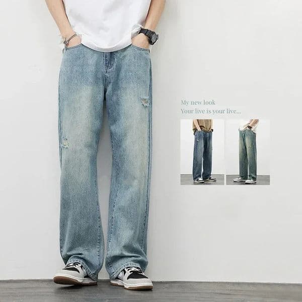 Korea Baggy Jeans Mens Vintage Straight Ripped Y2k Pants Fashion Frayed High Street Distressed Denim Trousers Male Clothes 241008