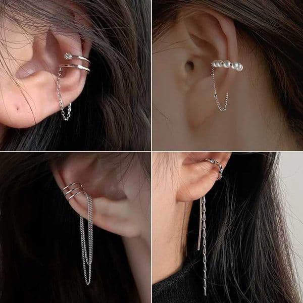 1 piece of fashionable imitation pearl silver chain earrings with cuffs non perforated fake cardboard box clip earrings suitable for female friends jewelry W241017