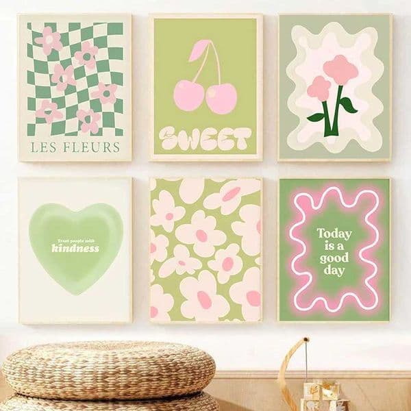 Abstract Green Floral Heart Cherry Posters Danish Pastel Canvas Painting Living Room Wall Art Painted Picture for Home DecorXJ241016
