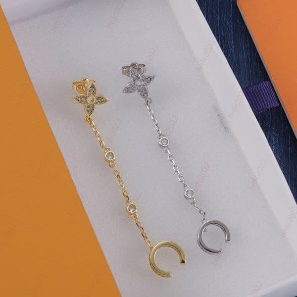 Gold Silver Ear Cuff Double Hole Link Chain Circle Hoop Earrings Zircon Star Four Leaf Clover Pendant Huggie Piercing Ear Loops Earring Designer Jewelry Hiphop