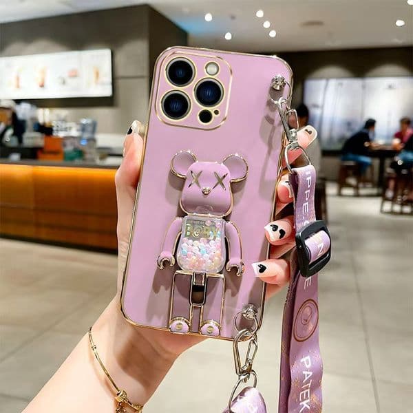 Stylish Electroplated Candy Bear Design with Angled Holder Complete Protection iPhone 16 Accessory