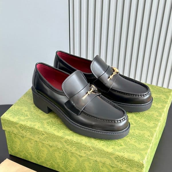 Top quality Dress shoes Round toe Luxury Designer glossed leather loafers slip on chunky heels flats Leather Sole factory footwear size 35-42 With Box