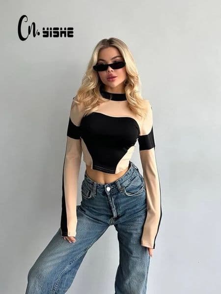 CNYISHE n Sense Fashion Sexy Club Women Tshirts Long Sleeve O Neck Streetwear Sheath Tops High Street Female Tees Slim 241018