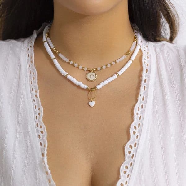 Bohemian Heart Pendant Crystal Bead Glass Bead Necklace White Flat Polymer Clay Bead Necklace Vintage Jewelry 241018