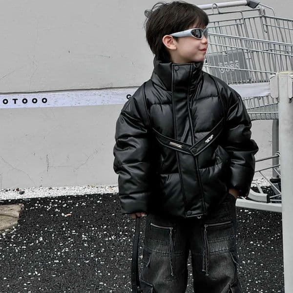 Children Clothing Solid Color Design Sense Leather Top Coat 2024 Winter New Boy Fashion All Match Thick Cotton Padded JacketXJ241021