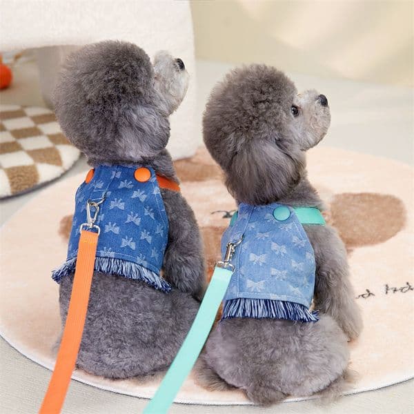 Dog Denim Jean Harness Vest Outdoors With Leash Ring Pet Harness Clothes Straps Detachable Tassels Dog Clothes