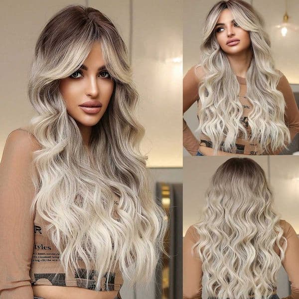 Fashion Butterfly Haircut 26 Inch Brown Gradation White Gold Curly Wavy Hair Wigs Synthetic Middle Part Hair Wigs For WomenXJ241008