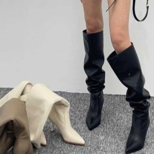 Fashion Boots Spicy Girl Wide Leg Boots Large Round WoMens Boots With Pointed Tips Thin Heels Slimming Pile Up Boots Knee Thigh High Heel Boots 241008