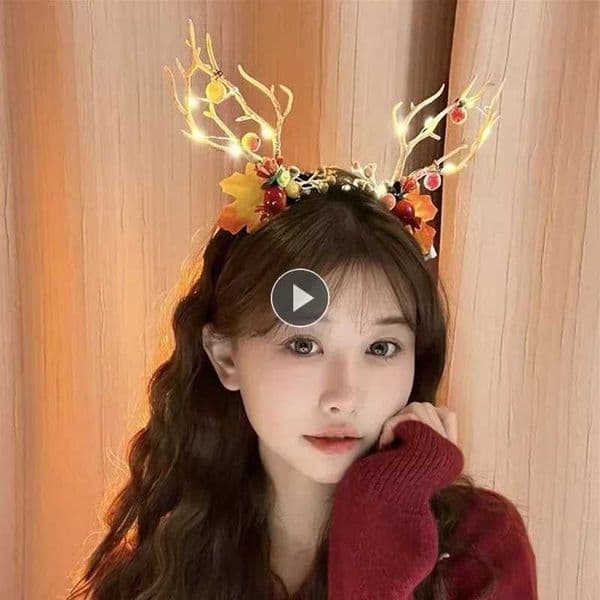 Forest style luminous Christmas headband retro tree branch ring girl plush reindeer antlers ear hair accessories New Year W241021