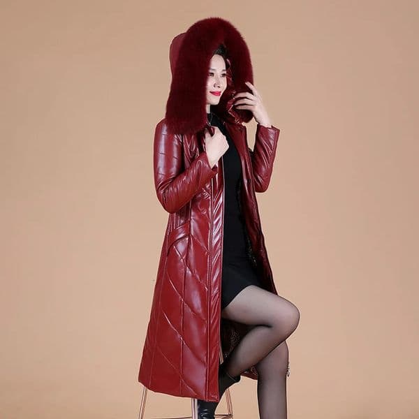 L8XL Mother Down Leather Coat Women Winter Thicken Warm Hooded Fur Collar Split Sheepskin Overcoat Slim Long Outerwear Female 241022