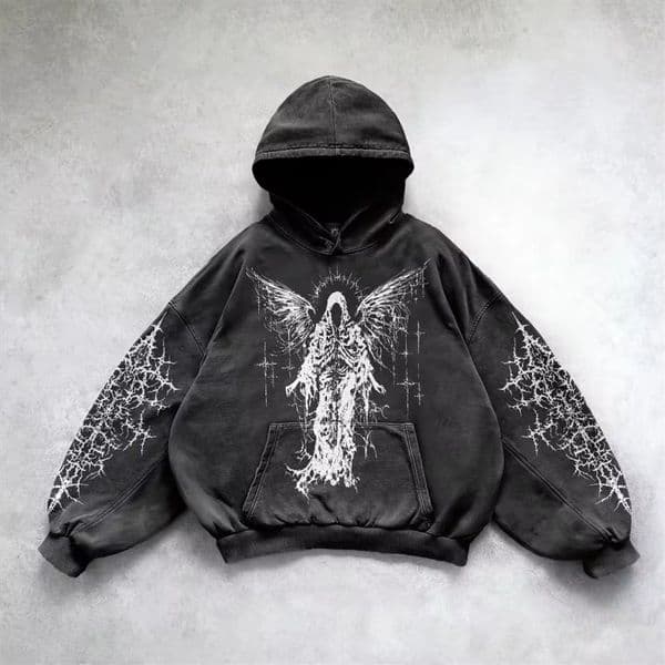 Vintage Gothic Printed Hip Hop Mens Hoodie Y2k Grunge Punk Casual Loose Floral Womens Street Clothing Sportswear Hoodie 240927