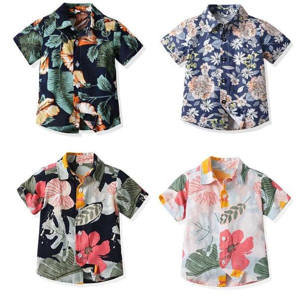 Summer childrens clothing boys short sleeved shirt Haian father son floral cotton casual cardigan suitable for family clothingW241022