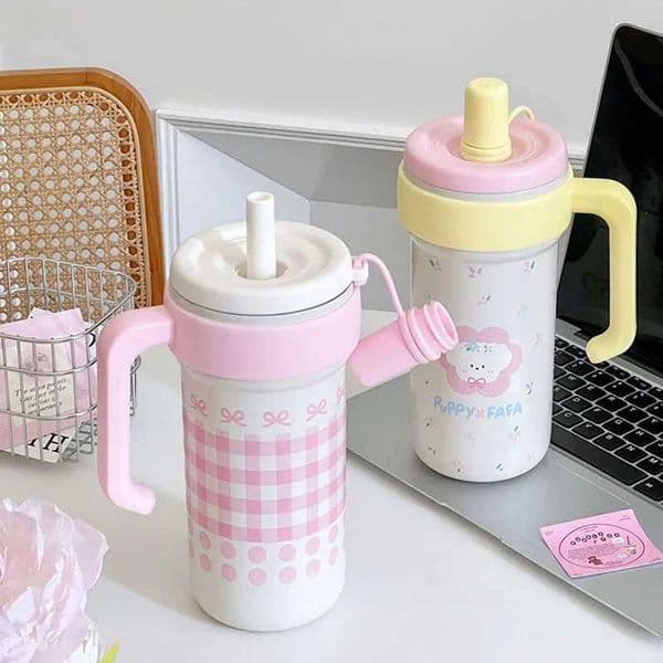 New Arrival 1000ML hot beverage cup girls iced coffee cup with handle straw roller large capacity 316 stainless steel insulated cup M241022