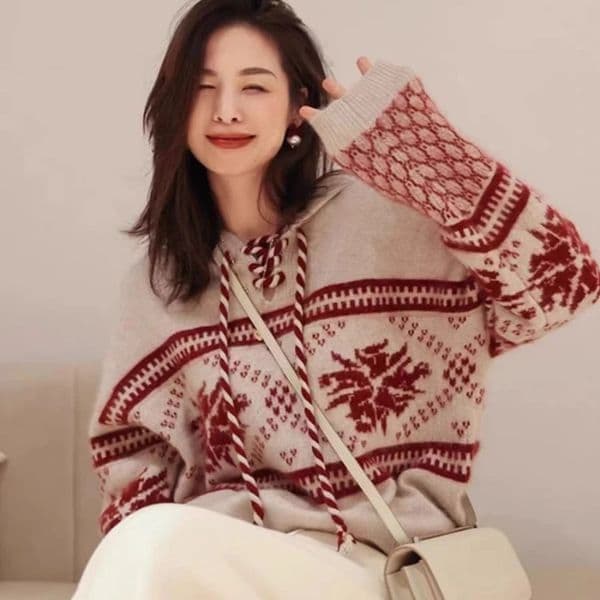 100% pure wool cashmere sweater womens autumn and winter hooded collar pullover fashionable loose knit plus size top 241022