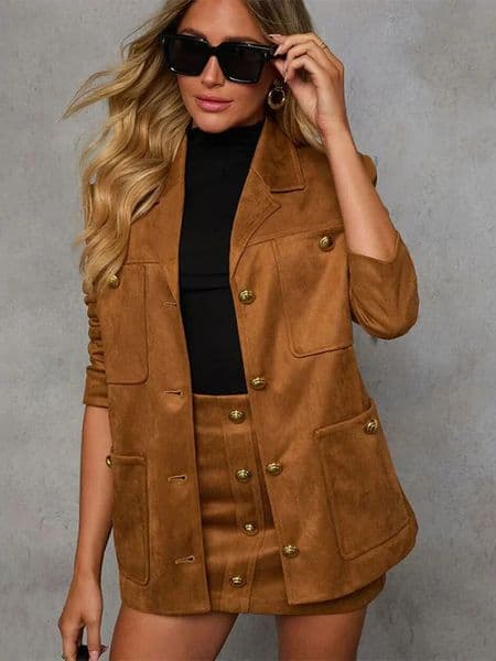 Elegant brown suede jacket for women fashionable lapel long sleeved jacket with pockets mini ski suit autumn womens high street wear 241022