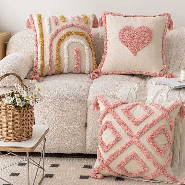 Pink tufted cushion cover 45 * 45cm cotton canvas geometric tufted embroidered pillowcase for home sofas and car decorations X241022