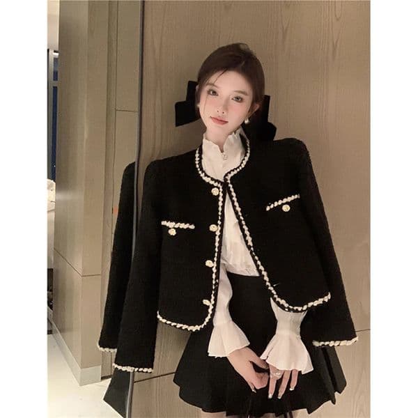 MEXZT Retro Coarse Felt Jacket Womens Elegant Black Cutting Set Coat Korean Thick Coat Single Chest Short Coat Top 241023