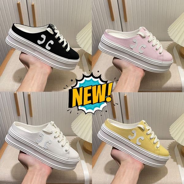 Womens Sneakers Designer Shoes Heel 4cm New Paris Jane Low Lace-up Lambskin Canvas Platform Open Back Mules Sneaker fashion women White Light Yellow Outdoor Trainers