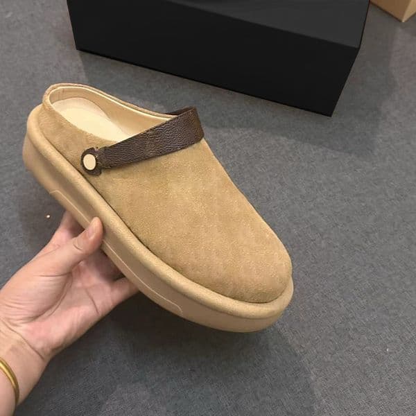 designer slides aspen platform clog suede calf leather slippers women shearling chunky rubber outsole shoes press-studs brown with box 676