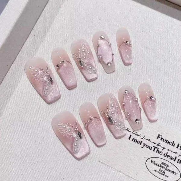 Press Ons Nail 10Pcs French Ballerina Handmade Press nail tech On Pink Cat Eye Fake Wearable Stick-On Nails Full Cover False nail salon Nail Uas Fake