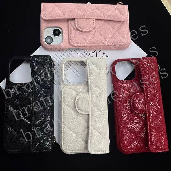 Designer Caviar Leather Crossbody Phone Cases For iPhone 16 Pro Max 15 14 13 12 11 15 Plus 16 Plus Case Card Holder Pocket Luxury Quilted Plaid Wallet Case Chain Lanyard