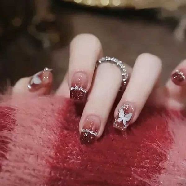 24pcs Red Ballet False NailsButterfly Fake Nail Glitter Short with Rhinestone French Design Full Cover Press on Nails Tips ArtXJ241025
