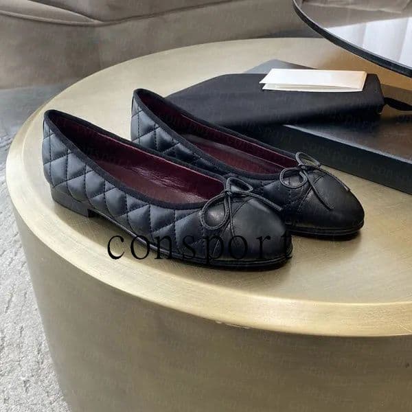 Designer Sandal Flats Ballet Shoes Slingback High Heels Paris Brand Womens Black Quilted Genuine Leather Slip on Ballerina Luxury Round Toe Ladies Dress Shoe 26