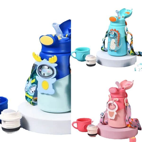 New Carton Thermos For Kids Thermal Food Grade Stainless Steel Pot Belly Straw Cup With Strap Water Bottle M260227