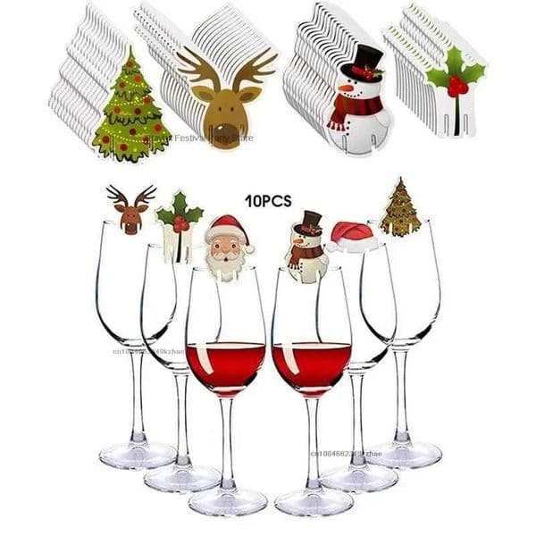 10pcs/set Christmas Glass Cup Card Santa Claus Hat Wine Glass Decor Ornaments Christmas Decorations Navidad Noel New Year 2024XJ241026