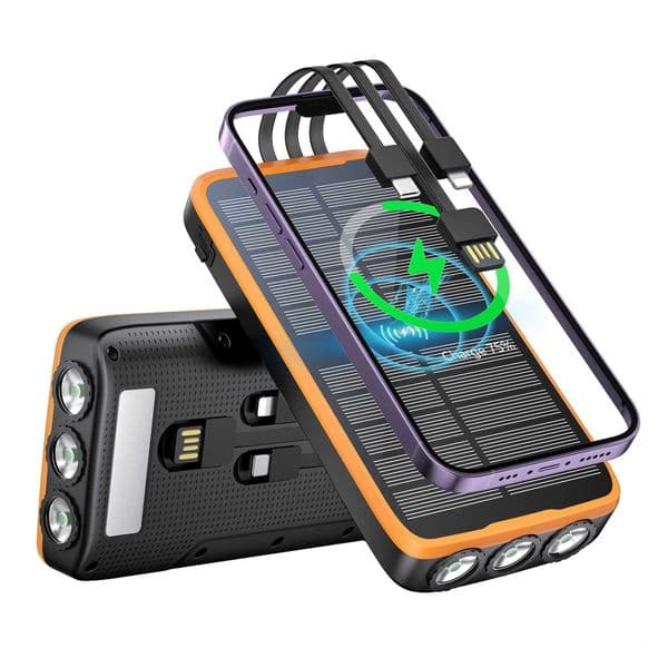 20000mAh equipped with three solar cables USB-C fast charging built-in flash compatible with most electronic devices M241026