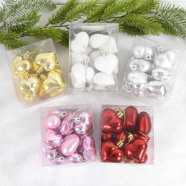 12pc Christmas Heart Pendants Balls Ornaments Silver Gold Pink Red White Heart Shape Ornament Xmas Tree New Years Festival DecorXJ241026