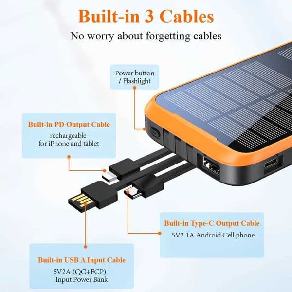 New Arrival 20000mAh equipped with three solar cables USB-C fast charging built-in flash compatible with most electronic devices Z241026