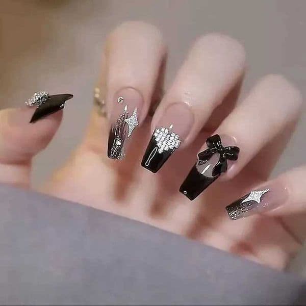 24pcs ballet fake nails artificial paraffin fake nails with rhinestone bow design wearable and pressure nail tips W241026