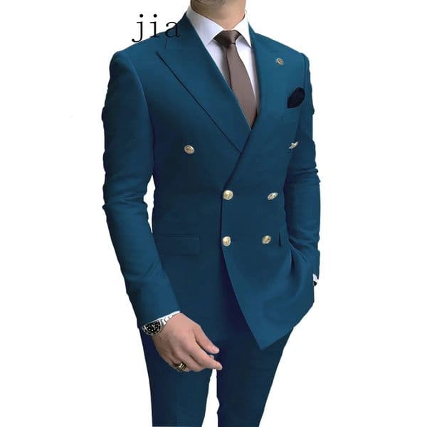 2024 Casual Sky Blue Men Suits Double Brested Lapel Gold Button Groom Wedding Tuxedos 2 Pcs Blazers Jacket Pants Set 241024