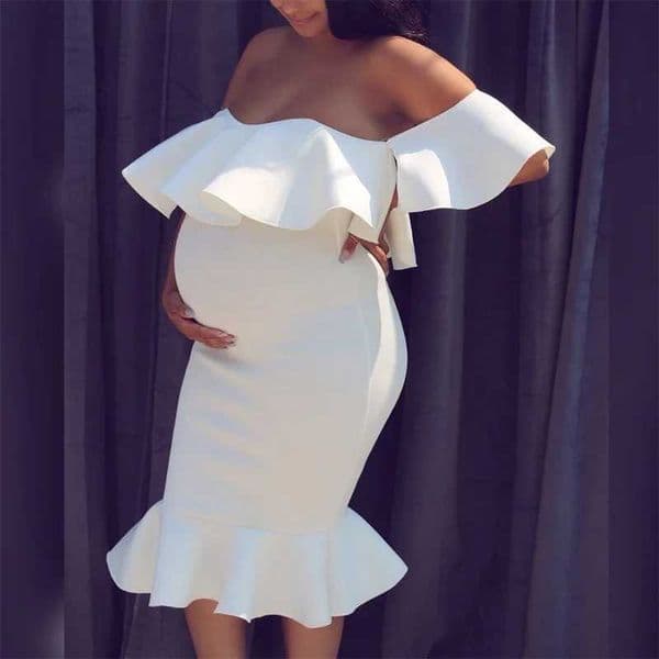 New Womens Maternity Dress Evening Dress Shoulder Solid Ruffle Maternity Dress Photography Summer Dress W241026