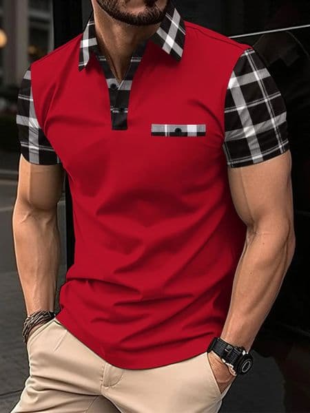 Mens summer mens fashion POLO shirt plaid print casual Vneck button short sleeves comfortable 241024