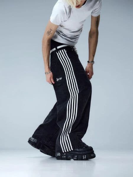 Y2k Baggy Jeans Black Stripes Hip Hop Embroidered Wide Leg for Men and Women High Street Retro Rock Fashion Streetwear 241028