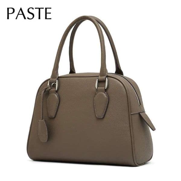 Minimalist Full Grain Cow Leather Women Boston Tote Grey Cowskin Business Commuter Ladies Shoulder Bag Quality Handbag