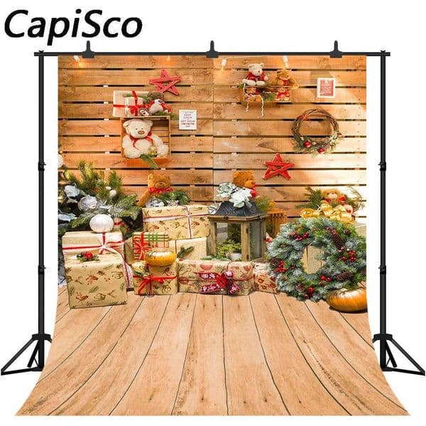 Capisco Christmas Photography Background Christmas Tree Toy Bear Gift Background Wooden Wall Decoration Props Banner W241029