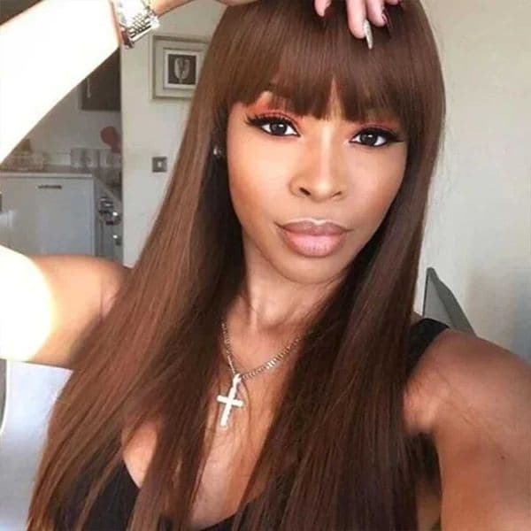 New Arrival Reddish brown bangs wig wig Malaysian straight hair wig with bangs affordable price layered cut straight hair wig Z241028