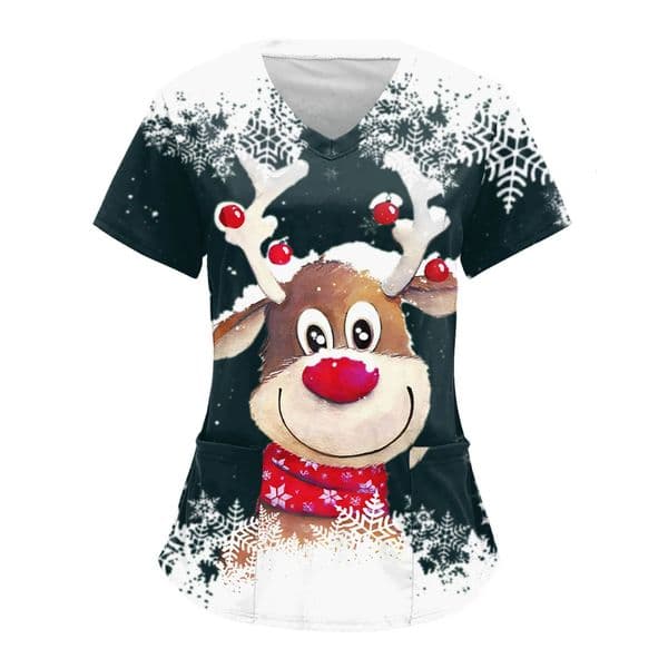 Women Care Nurse Uniform Short Sleeve V Neck T-Shirt Casual Merry Christmas Printed Holiday Fun Patterned Working Blouse Tops 241031
