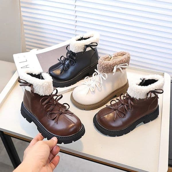 Girl Winter Boots Sweet Chic Children Platform Ankle Elegant Bowknot Versatile Kids Fashion Cotton Solid Color 241030