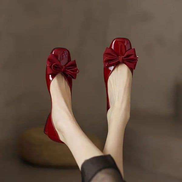 Black Kawaii Ladies Summer Footwear Square Toe Cute Low Heel Elegant with Bow Shoes for Women Red Y2k on Offer Chic Point 241030