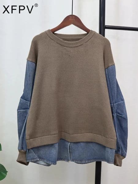 XFPV Sweet Long Sleeve Cowboy Patch Work Knitted Loose Womens Sweater Top Y2k Korean Fashion Trend SM11415 241025